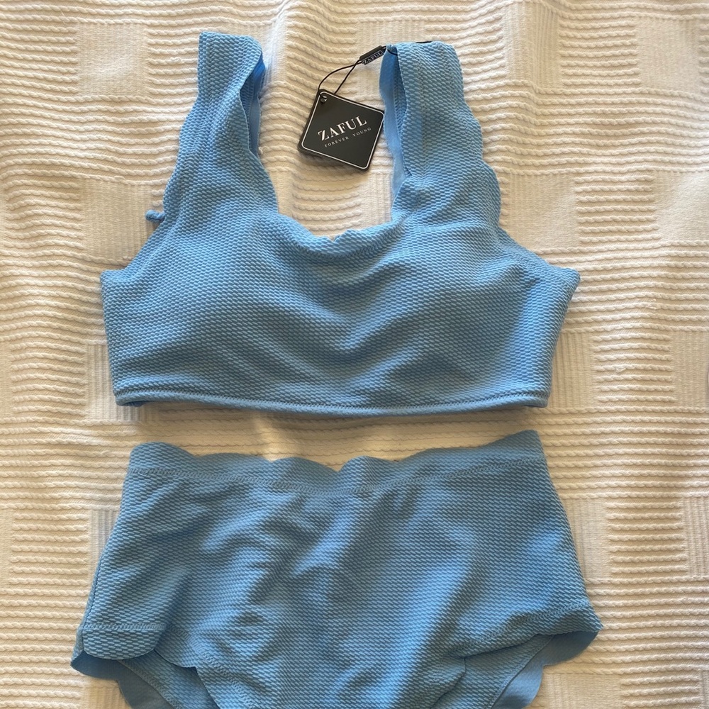 Sky blue high waisted bikini.